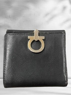 Salvatore Ferragamo Black Leather Gancini Compact Wallet with Gold Hardware